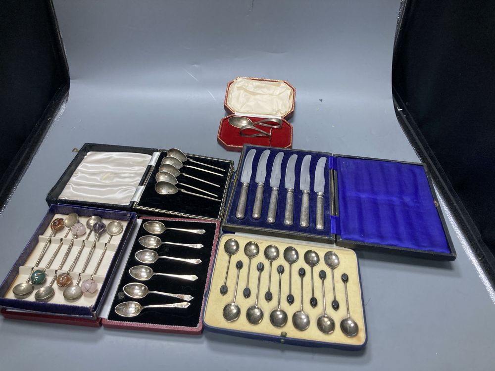 Six assorted cased sets of English and Continental silver flatware